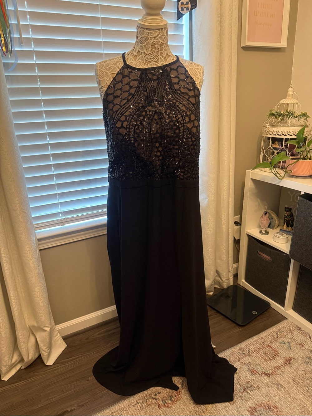 Morgan & Co. Black Beaded Halter formal Gown